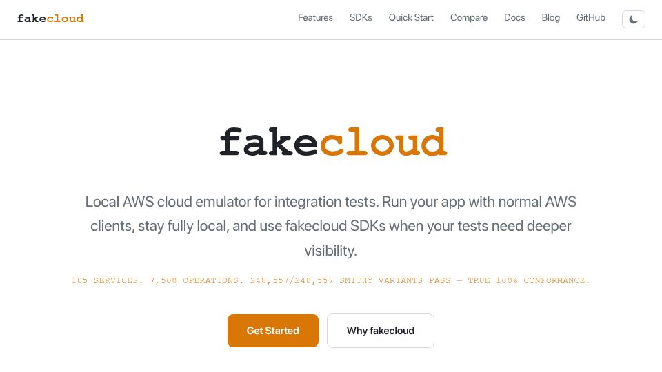 Screenshot of fakecloud.dev: Fakecloud: Local AWS cloud emulator for integration tests
