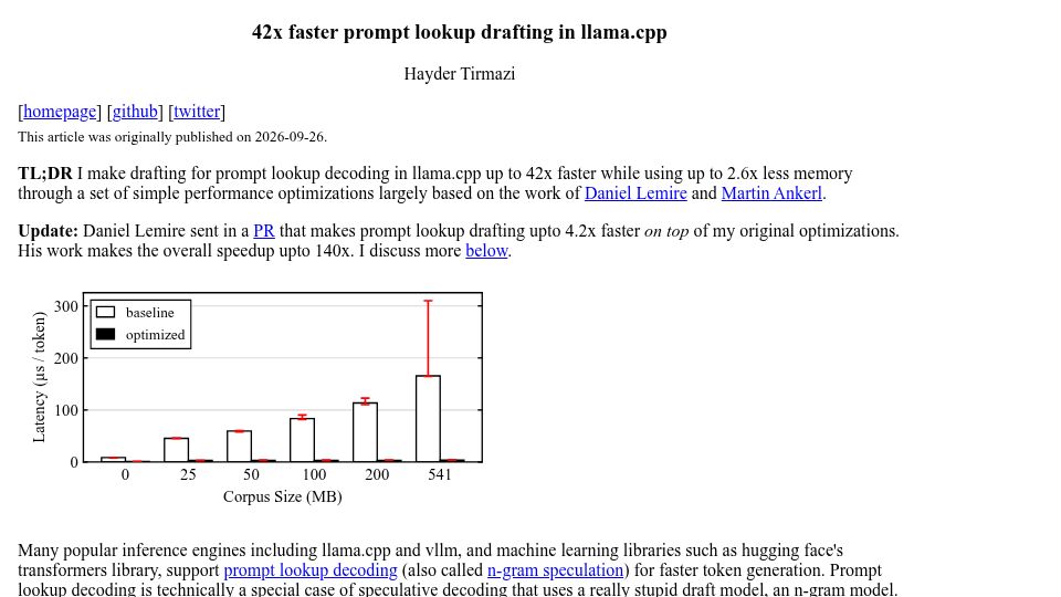 Screenshot of jadidbourbaki.github.io: Faster prompt lookup drafting in llama.cpp