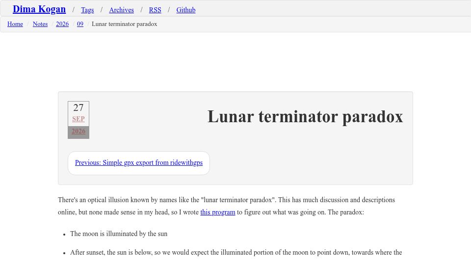 Screenshot of notes.secretsauce.net: Lunar Terminator Paradox