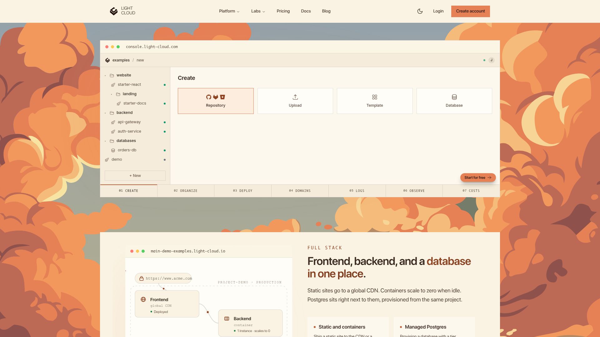 Screenshot of light-cloud.com: Show HN: LightCloud – A cloud console organised like file system