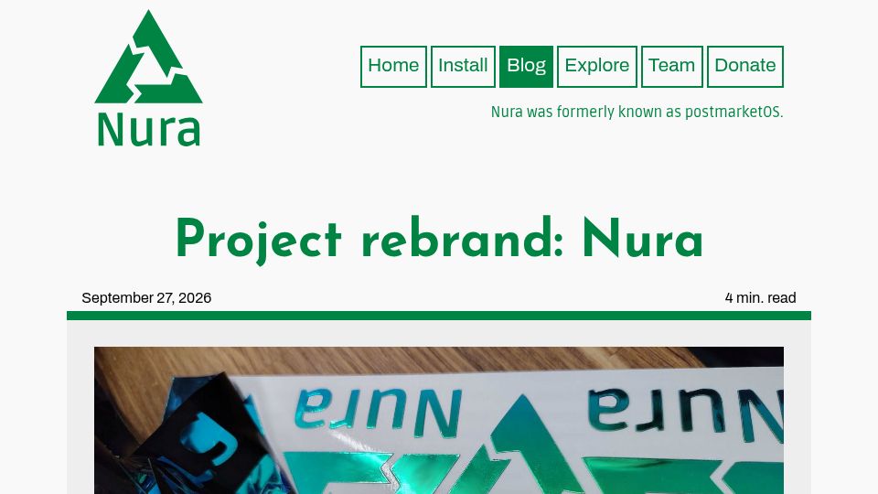 Screenshot of nura.eco: PostmarketOS is rebranding as Nura