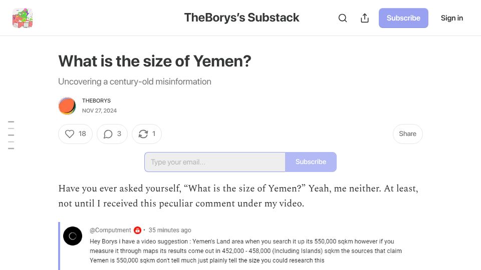 Screenshot of theborys.substack.com: What is the size of Yemen? (2024)