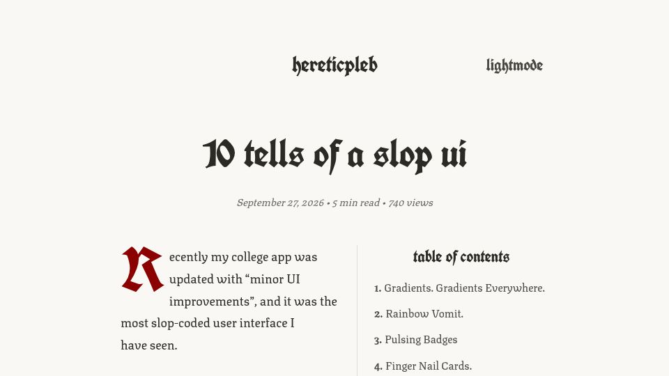 Screenshot of hereticpleb.vercel.app: 10 Tells of a Slop UI