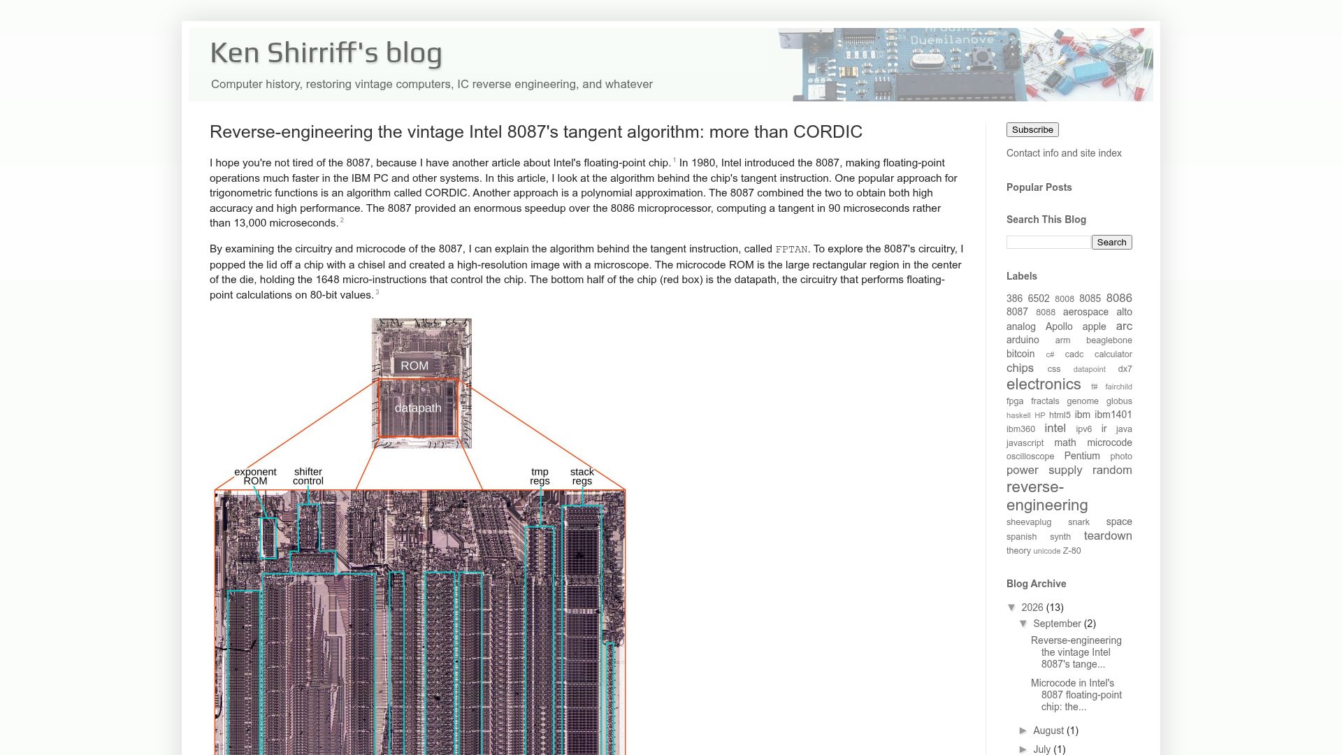 Screenshot of righto.com: Reverse-engineering the Intel 8087's tangent algorithm: more than CORDIC