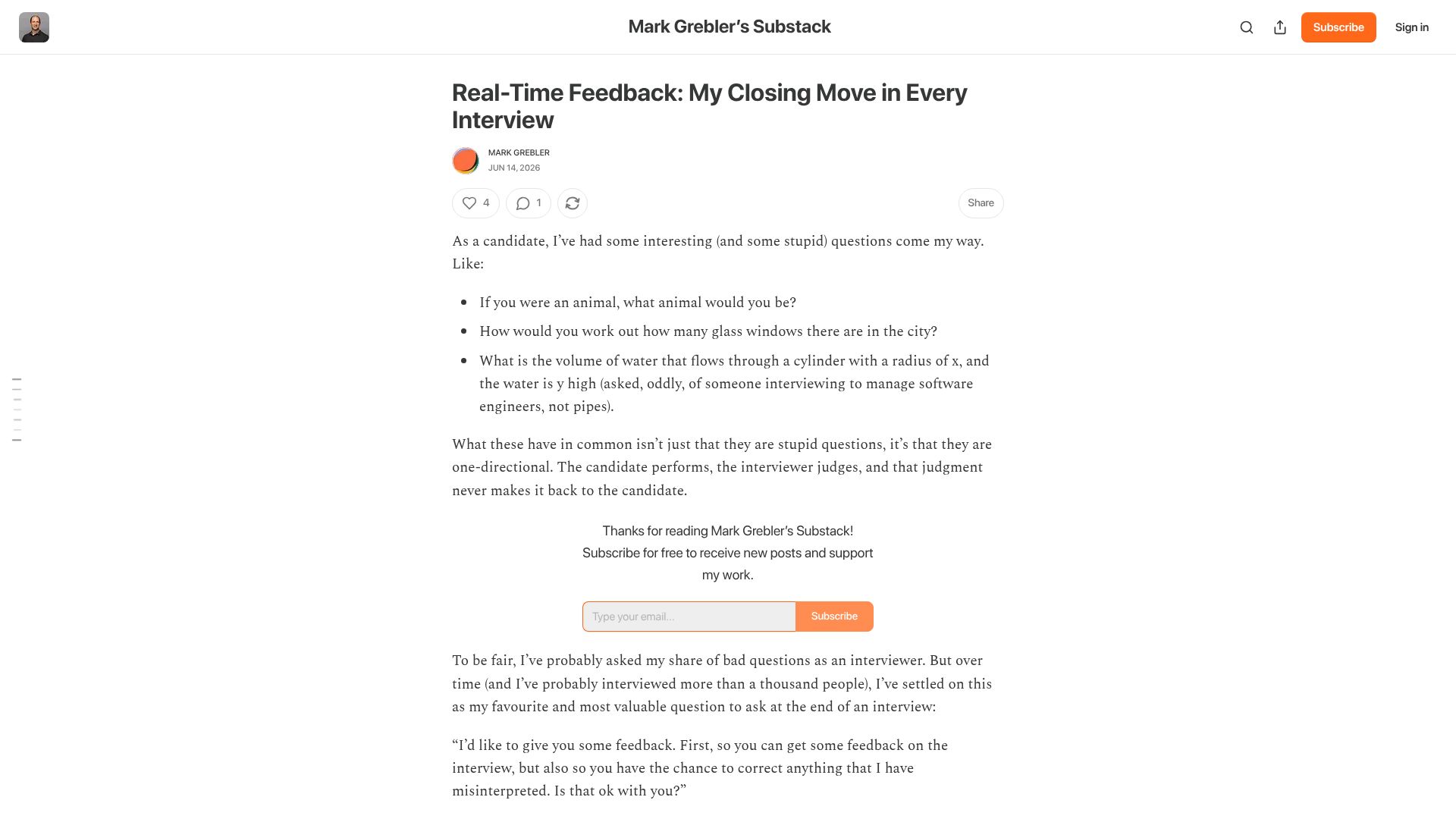 Screenshot of mgrebler.substack.com: Real-time feedback: My closing move in every interview