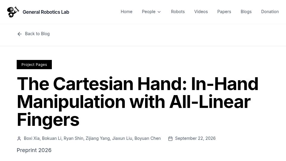 Screenshot of generalroboticslab.com: The Cartesian Hand: In-Hand Manipulation with All-Linear Fingers