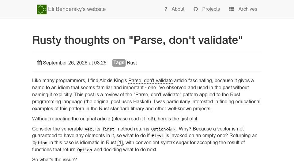 Screenshot of eli.thegreenplace.net: Rusty thoughts on "Parse, don't validate"