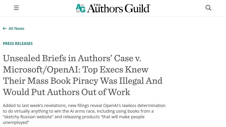 Screenshot of authorsguild.org: Unsealed Briefs in Authors’ Case v. Microsoft/OpenAI