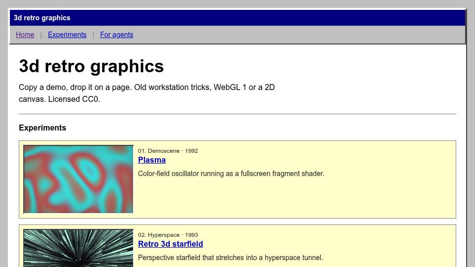 Screenshot of 3d-retro.com: Show HN: A CC0 museum of retro 3D tricks you can paste into a page