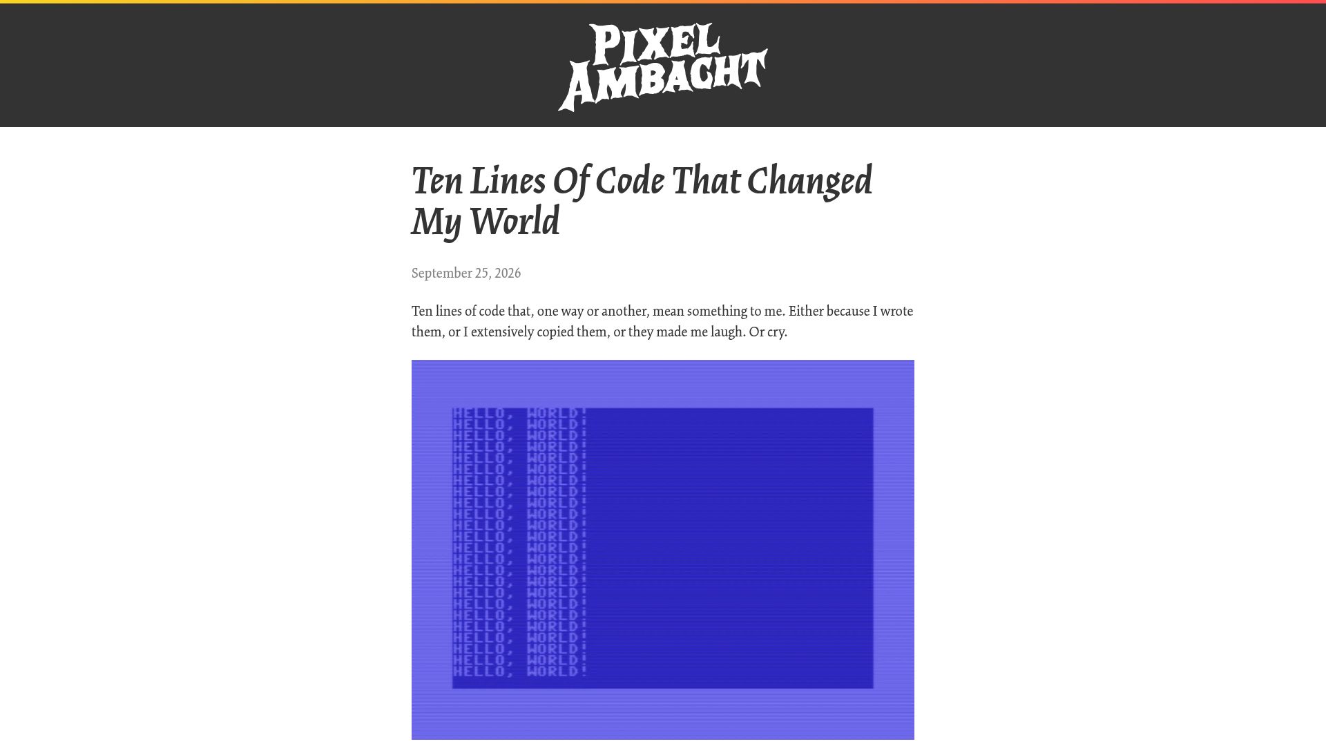Screenshot of pixelambacht.nl: Ten lines of code that changed my world