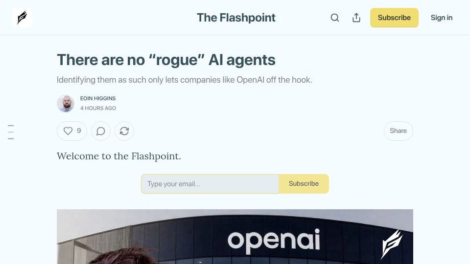 Screenshot of eoinhiggins.substack.com: There are no "rogue" AI agents