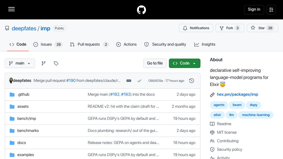 Screenshot of github.com: Imp is a full port of DSPy to the BEAM