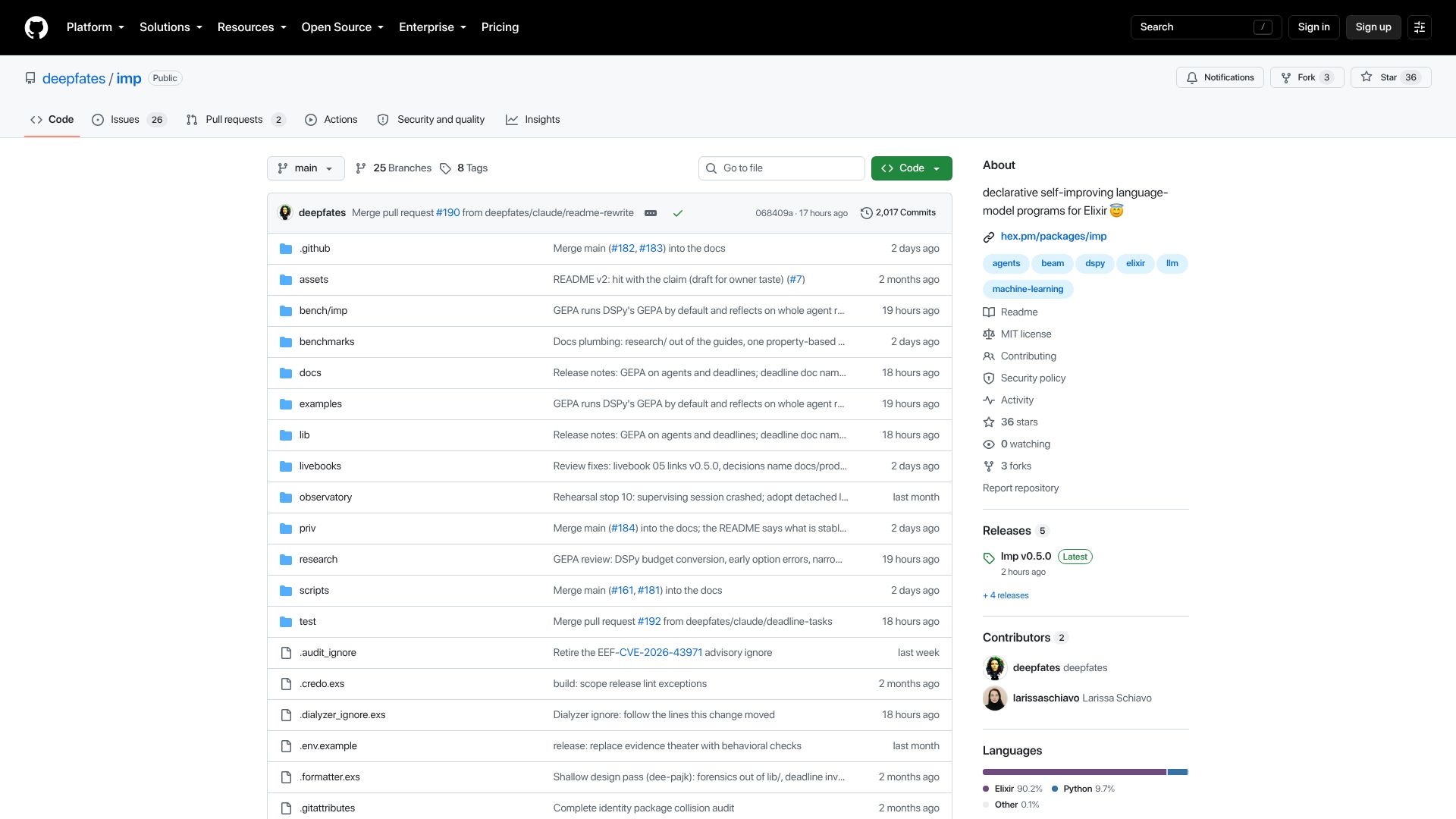 Screenshot of github.com: Imp is a full port of DSPy to the BEAM
