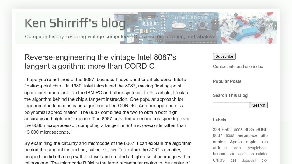 Screenshot of righto.com: Reverse-engineering the Intel 8087's tangent algorithm: more than CORDIC