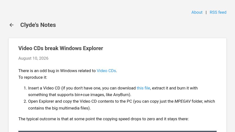 Screenshot of clydesnotes.blogspot.com: Video CDs Break Windows Explorer