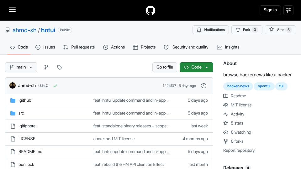 Screenshot of github.com: Show HN: Hntui – A TUI for Hacker News