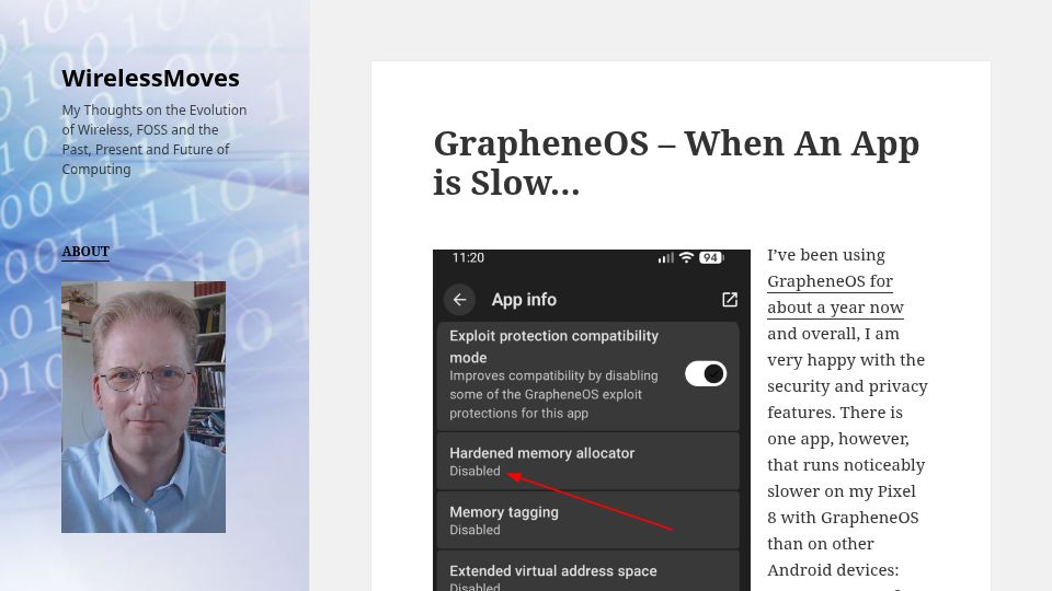 Screenshot of blog.wirelessmoves.com: GrapheneOS – When an app is slow