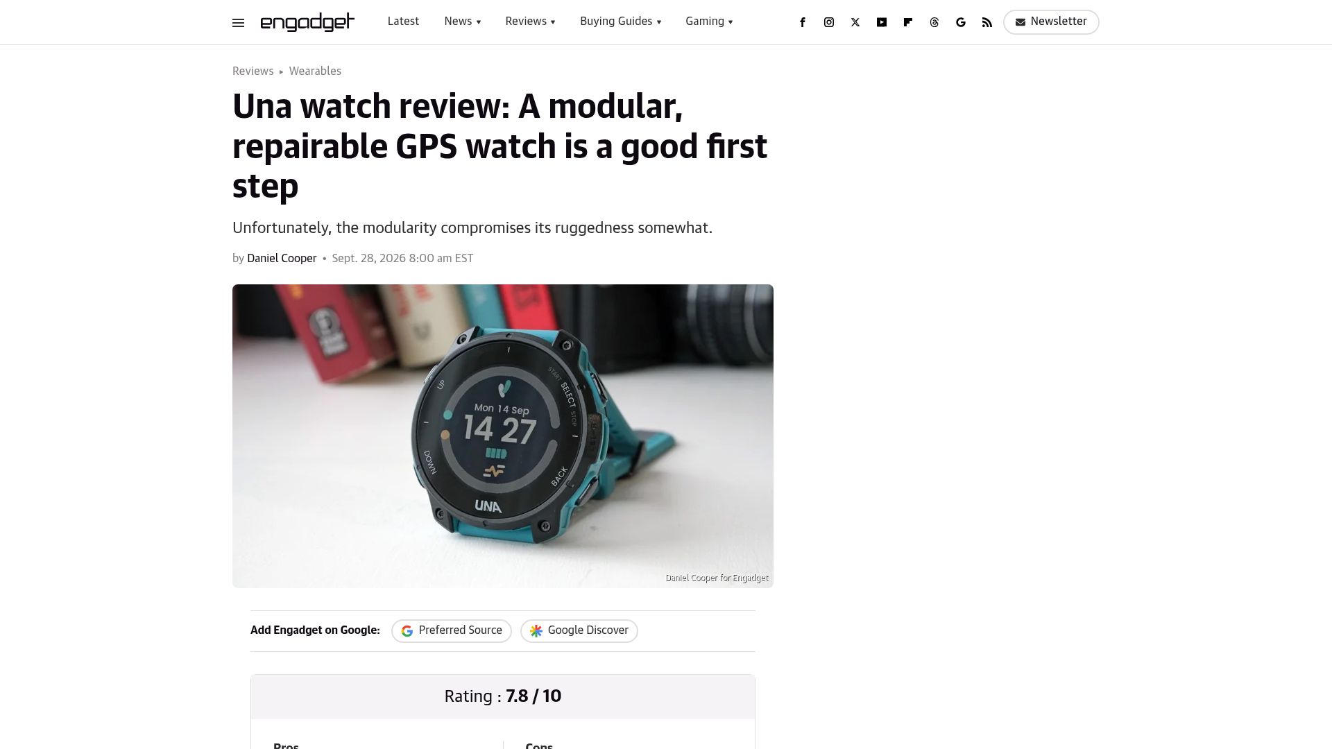 Screenshot of engadget.com: Una watch review: A modular, repairable GPS watch is a good first step