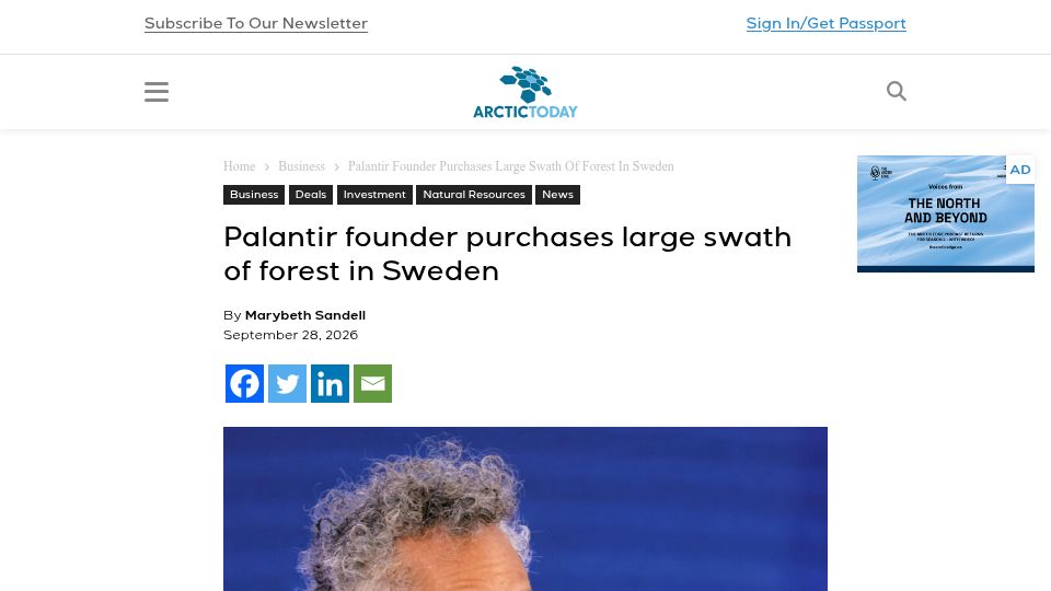 Screenshot of arctictoday.com: Palantir founder purchases large swath of forest in Sweden