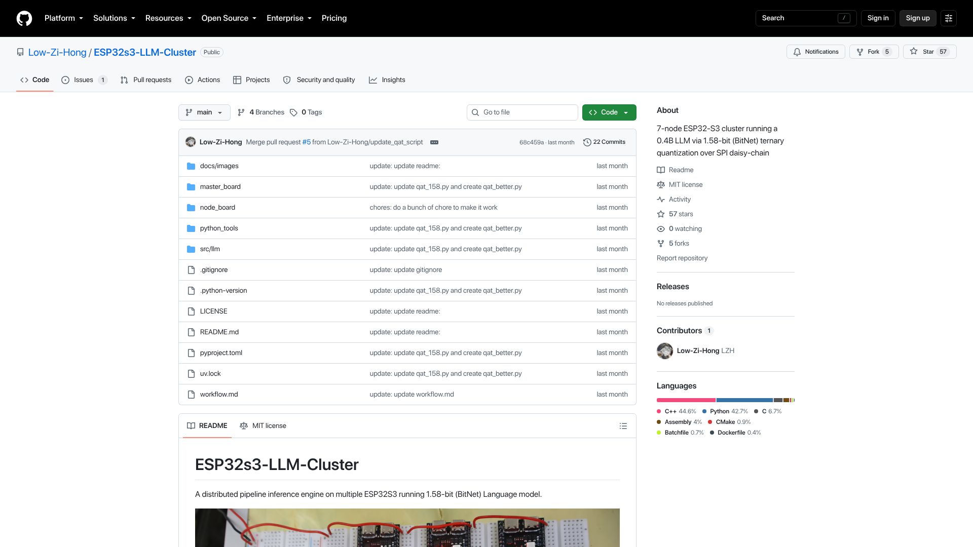 Screenshot of github.com: ESP32S3 cluster running 1.58-bit (BitNet) Language model