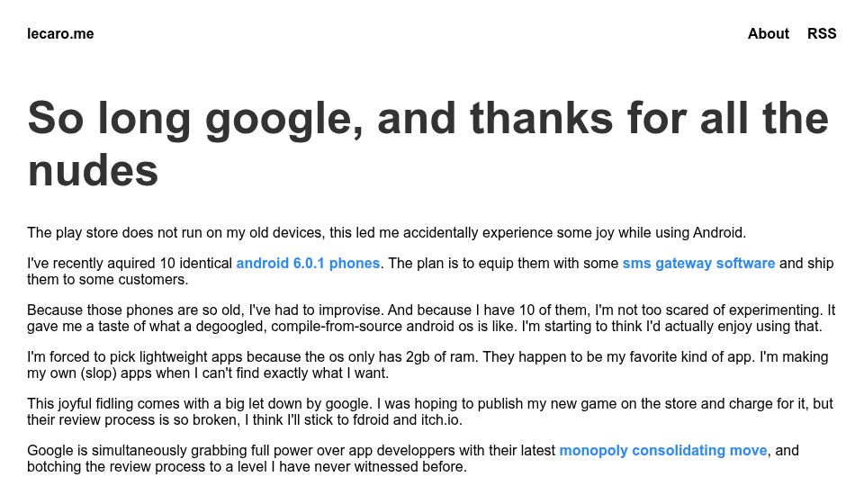 Screenshot of lecaro.me: So long Google, and thanks for all the nudes
