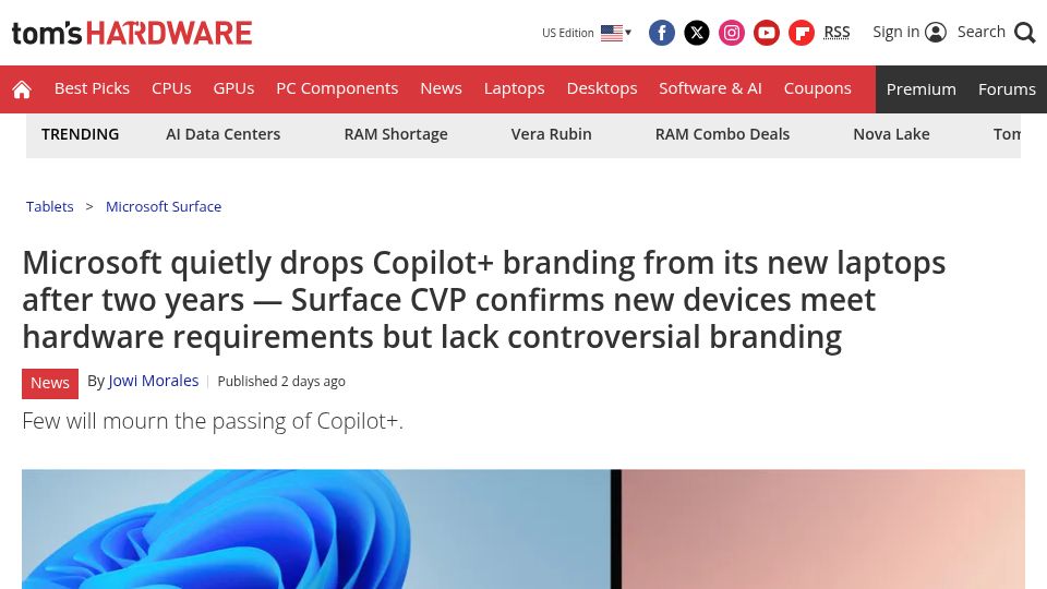Screenshot of tomshardware.com: Microsoft drops Copilot+ branding from its new laptops