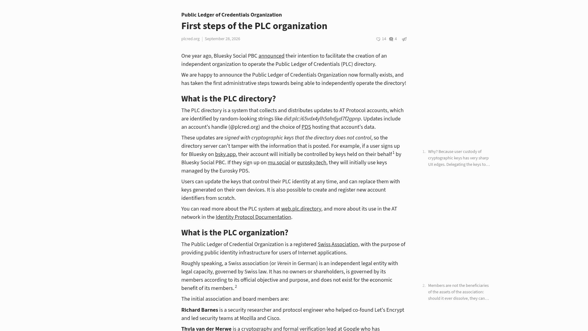 Screenshot of blog.plcred.org: First Steps of the PLC Organization – Independent Public Ledger of Credentials