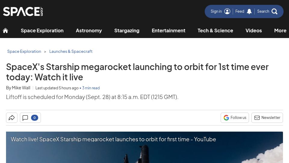Screenshot of space.com: SpaceX's Starship launching to orbit for first time ever today
