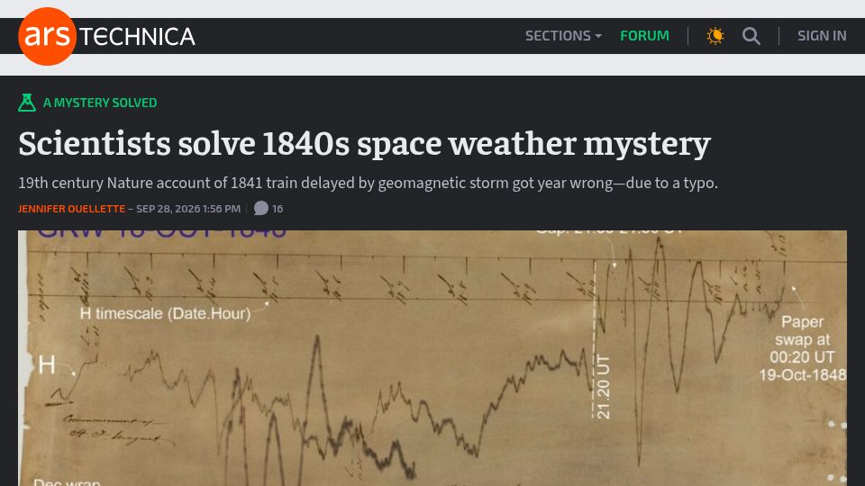 Screenshot of arstechnica.com: Scientists solve 1840s space weather mystery