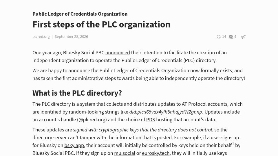 Screenshot of blog.plcred.org: First Steps of the PLC Organization – Independent Public Ledger of Credentials