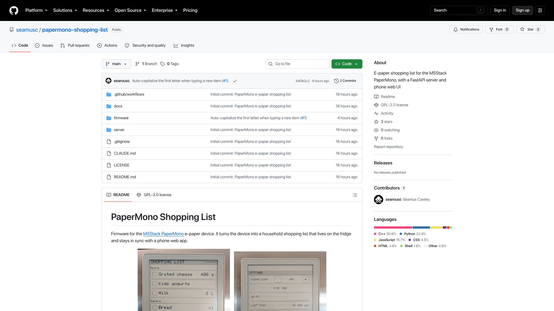 Screenshot of github.com: Show HN: PaperMono, e-ink fridge magnet shopping list with mobile web page