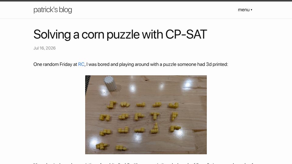 Screenshot of thill.me: Solving a corn puzzle with CP-SAT
