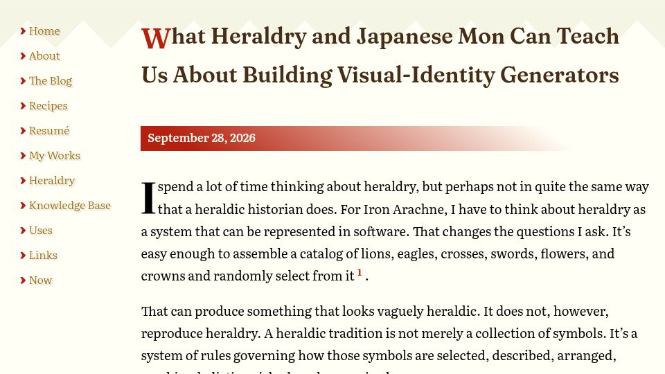 Screenshot of benovermyer.com: What heraldry and Japanese mon can teach about visual-identity generators