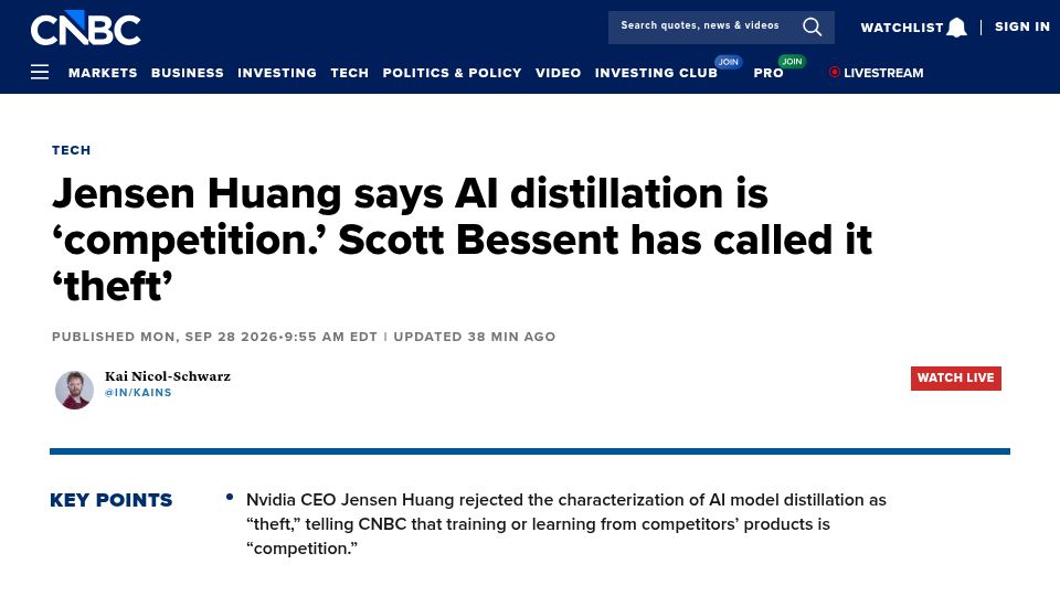 Screenshot of cnbc.com: Jensen Huang says AI distillation is 'competition.'