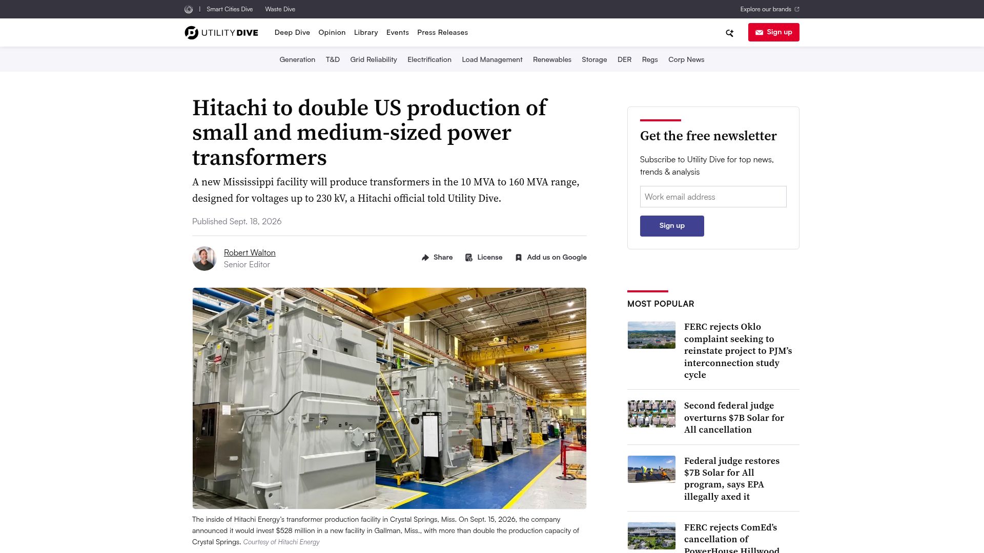 Screenshot of utilitydive.com: Hitachi to double US production of small and medium-sized power transformers