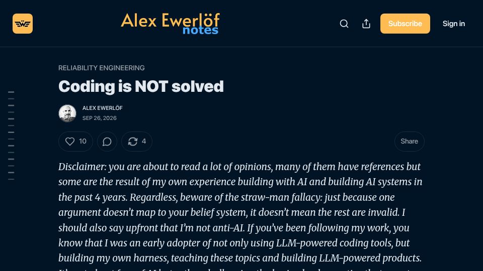 Screenshot of blog.alexewerlof.com: Coding is not solved