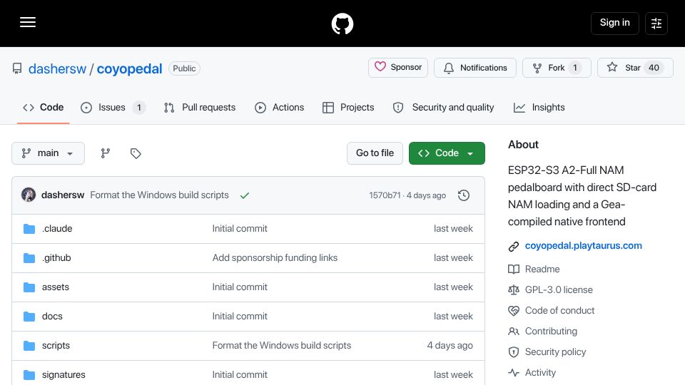 Screenshot of github.com: Guitar amp and effects pedal built on the Waveshare ESP32-S3-Touch-AMOLED-2.06