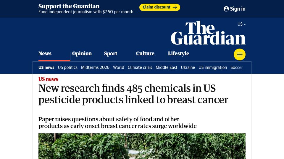 Screenshot of theguardian.com: Research finds 485 chemicals in US pesticide products linked to breast cancer