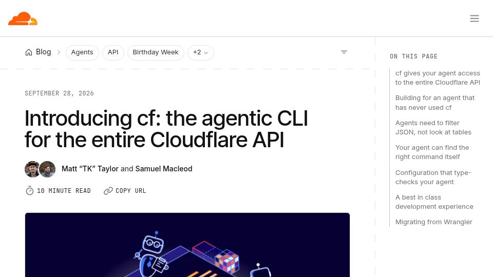 Screenshot of blog.cloudflare.com: Cf: The Agentic CLI for the Cloudflare API