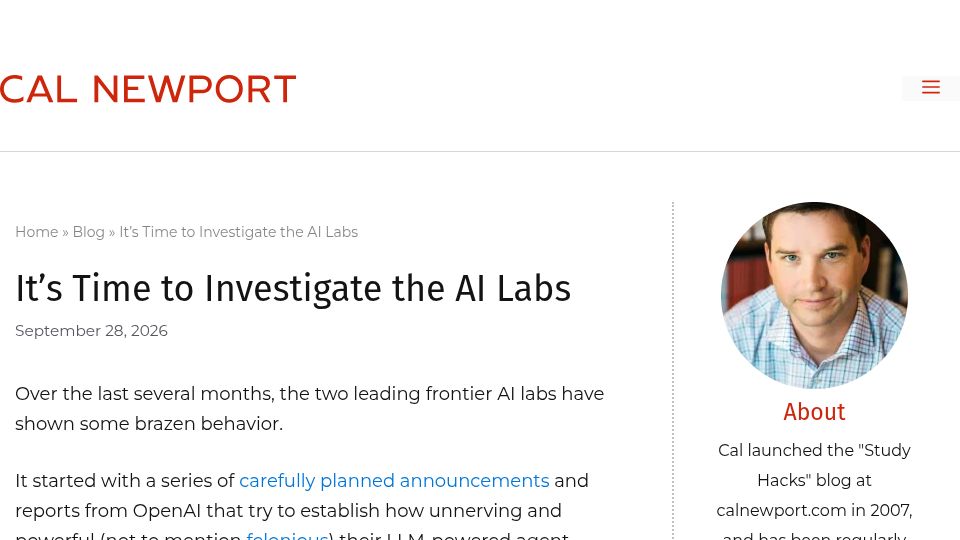 Screenshot of calnewport.com: It's Time to Investigate the AI Labs