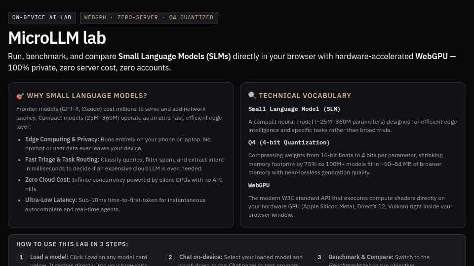 Screenshot of stateofutopia.com: MicroLLM Lab – Try 7 tiny LLM's in the browser