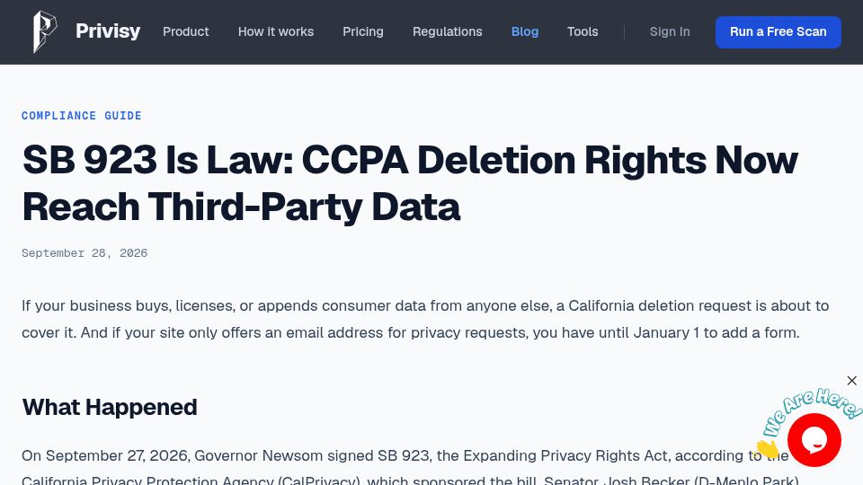 Screenshot of getprivisy.com: SB 923 is Law: CCPA deletion rights now reach third-party data