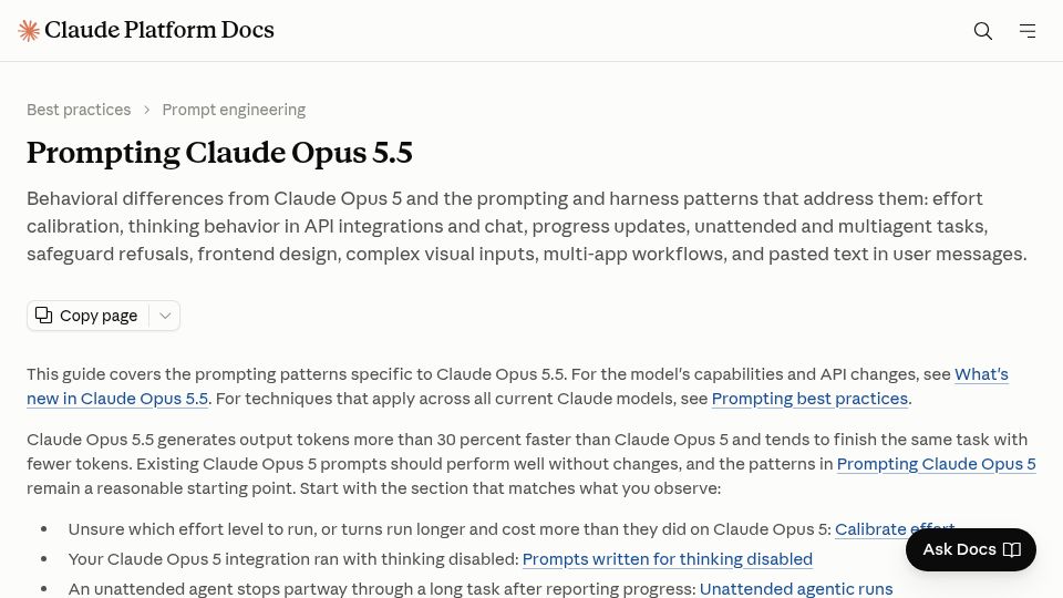 Screenshot of platform.claude.com: Prompting Claude Opus 5.5