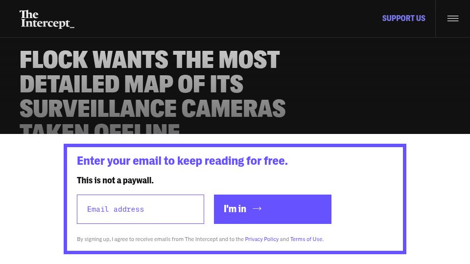 Screenshot of theintercept.com: Flock Wants the Most Detailed Map of Its Surveillance Cameras Taken Offline