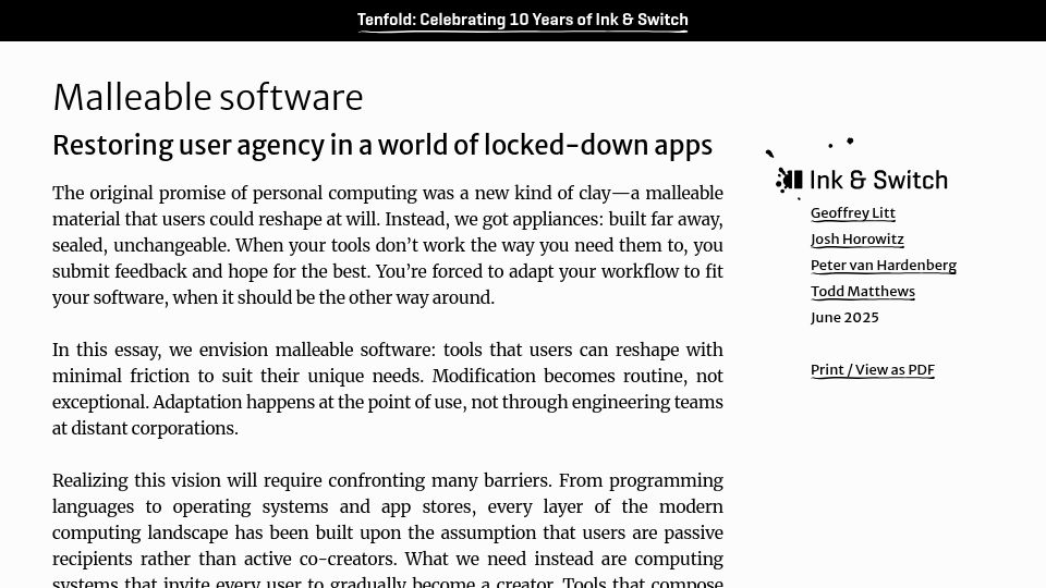 Screenshot of inkandswitch.com: Malleable software: Restoring user agency in a world of locked-down apps (2025)