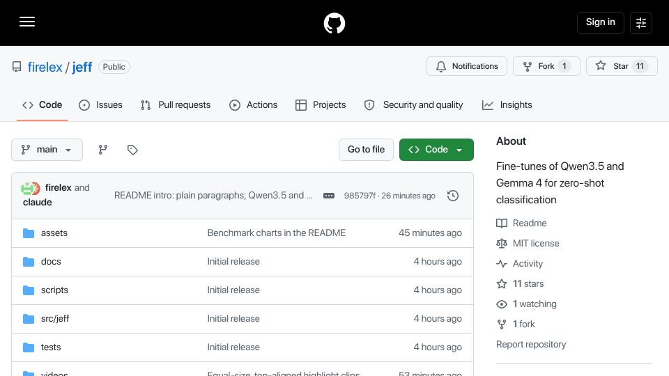 Screenshot of github.com: Jeff – Jev-compatible 0.8B decision models, trained at home, ~30 ms
