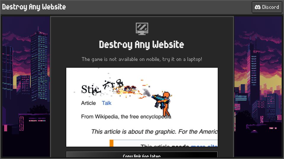 Screenshot of destroy.spritefusion.com: Show HN: Destroy Any Website with Stickman