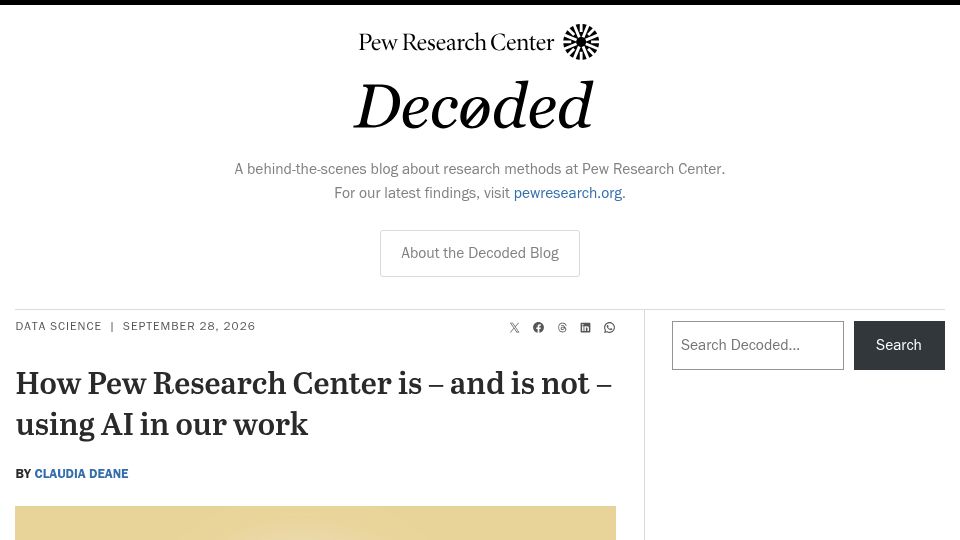Screenshot of pewresearch.org: How Pew Research Center is – and is not – using AI in our work