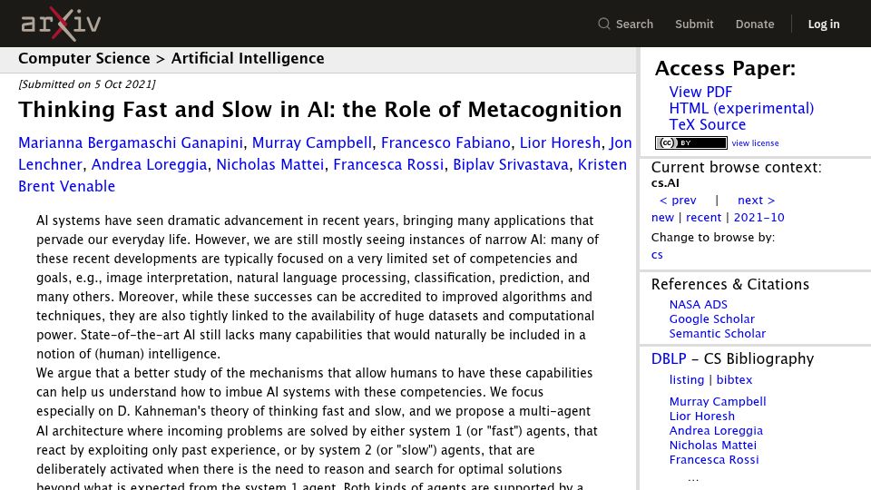 Screenshot of arxiv.org: Thinking fast and slow in AI: The role of metacognition (2021)