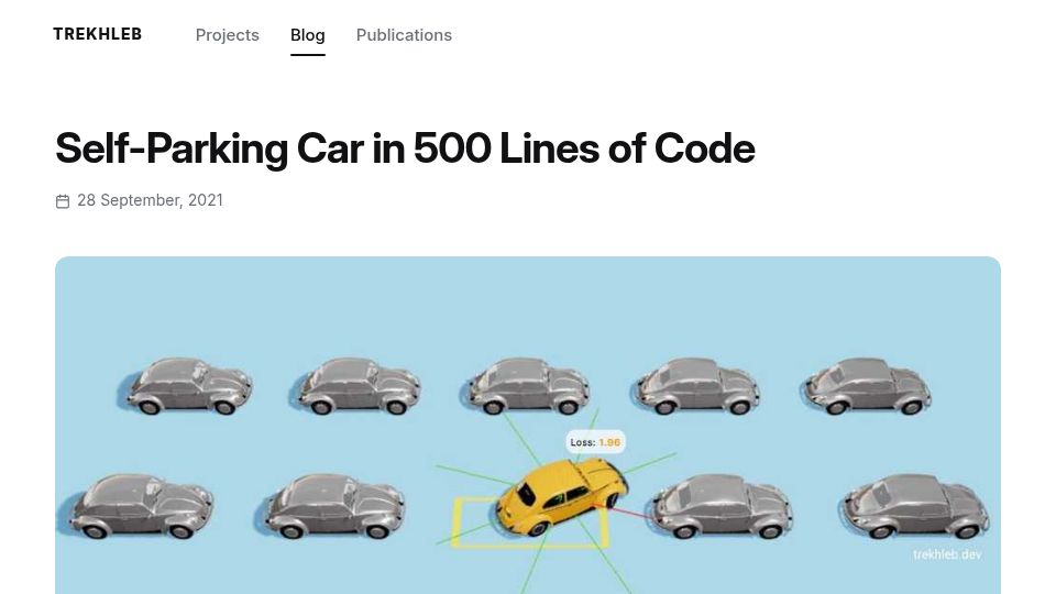 Screenshot of trekhleb.dev: Self-parking car using genetic algorithm (2021)